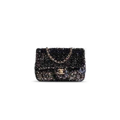 CHANEL FLAP BAG SEQUINS & GOLD-TONE METAL GOLDEN & BLACK AS4561 (21*14*8cm)